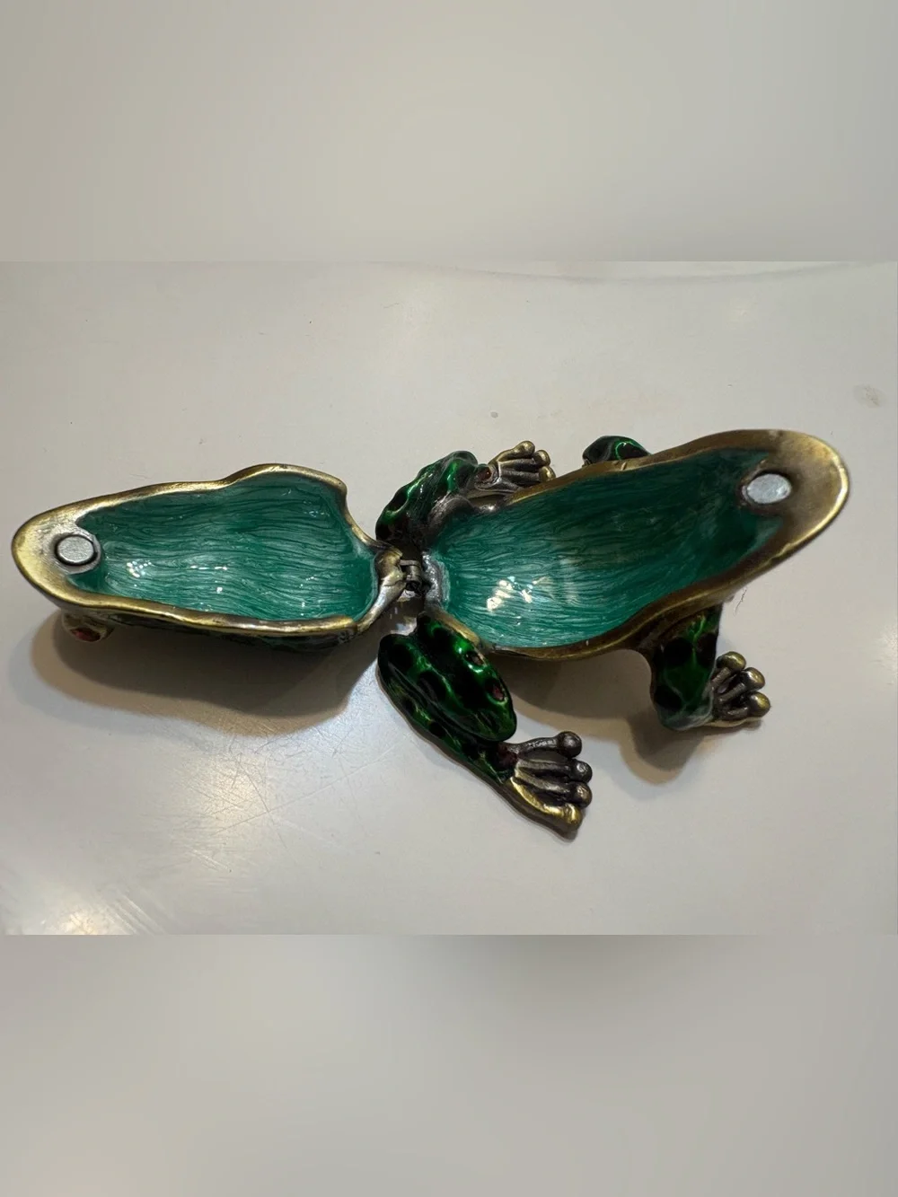 Monet Vintage Brass Green Frog Figurine with Red Eyes Decorative Reptile Accent